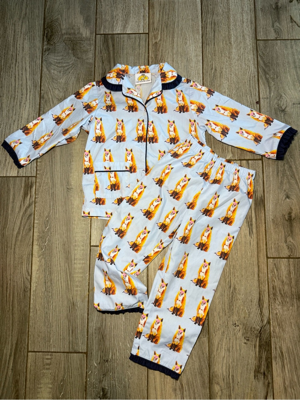 The Yellow Lamb Children's Fox Print Pajama Set - Light Blue with Navy Trim